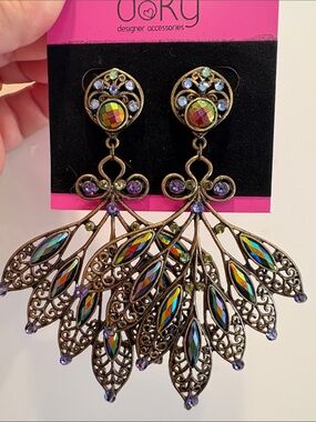 Iridescent Multicolor Crystal Peacock Fan Drop Earrings